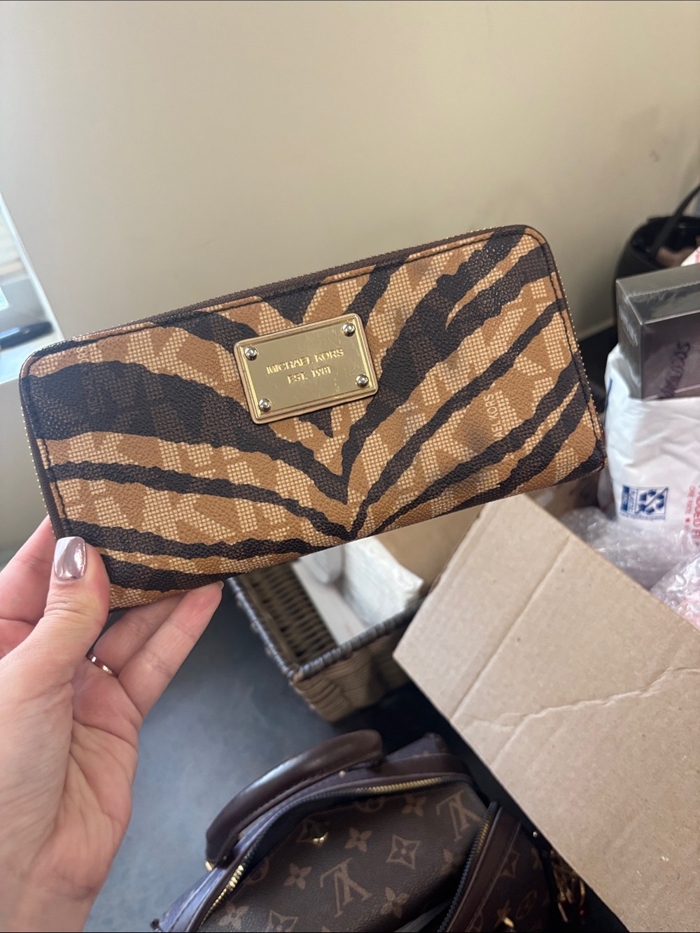 Michael Kors Brown and Black Zebra-Print Zip Wallet